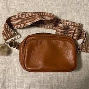 Brown Leather Crossbody Bag with Patterned Strap